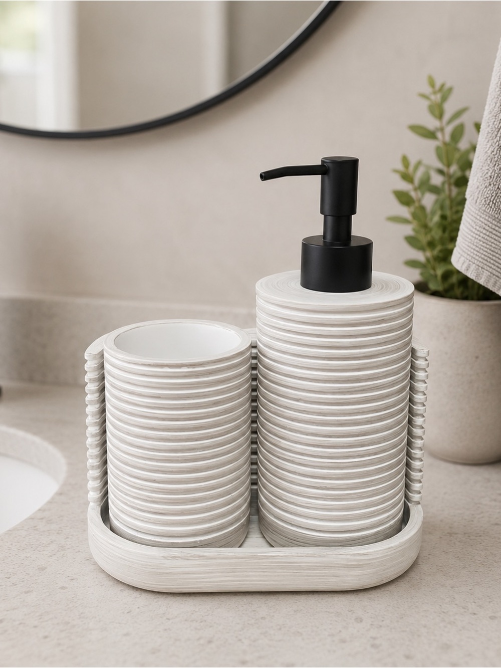 Modern Ribbed Bathroom Organizer Set – White/Gray – New